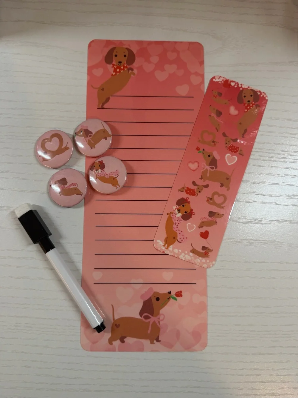 Pink Dachshund Magnetic Notepad Set with Bookmark and Button Pins